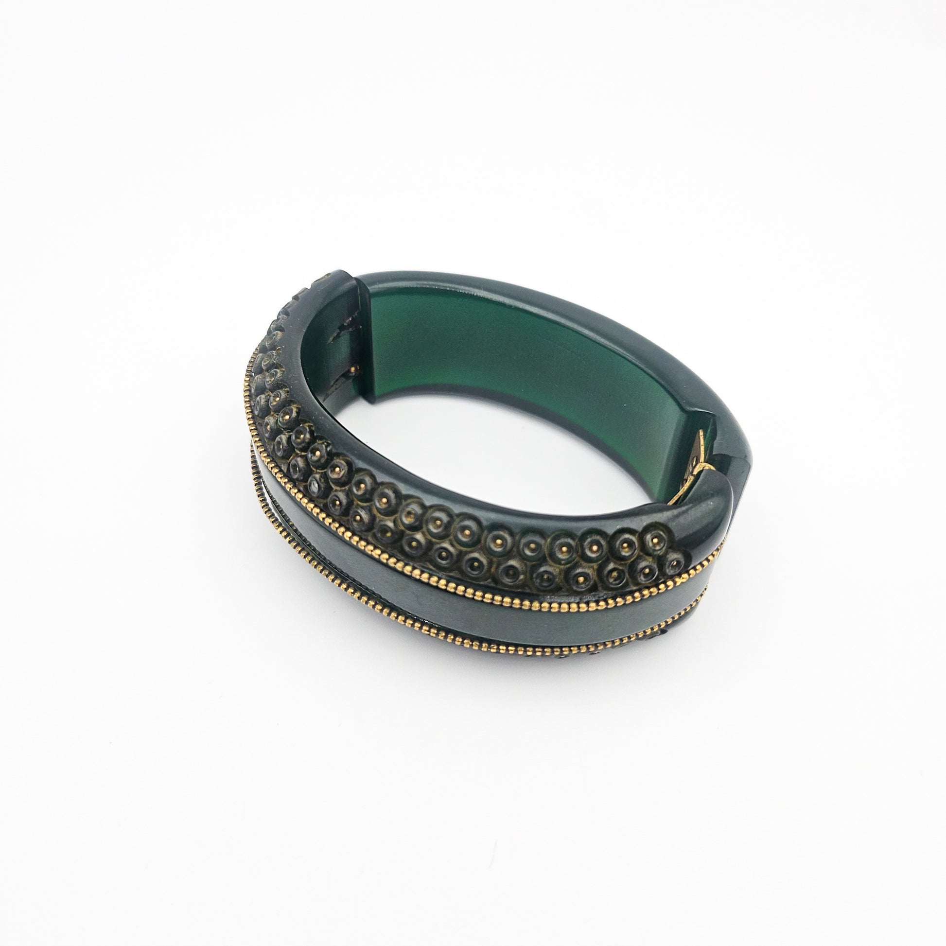 Green & Gold Bakelite Clamper Bangle - bangle bracelet detail