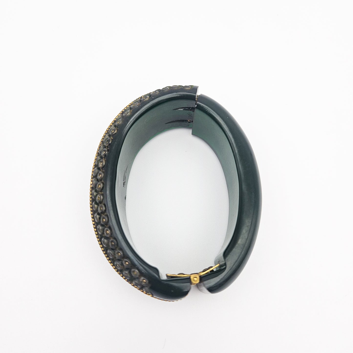 Green & Gold Bakelite Clamper Bangle - bangle bracelet detail