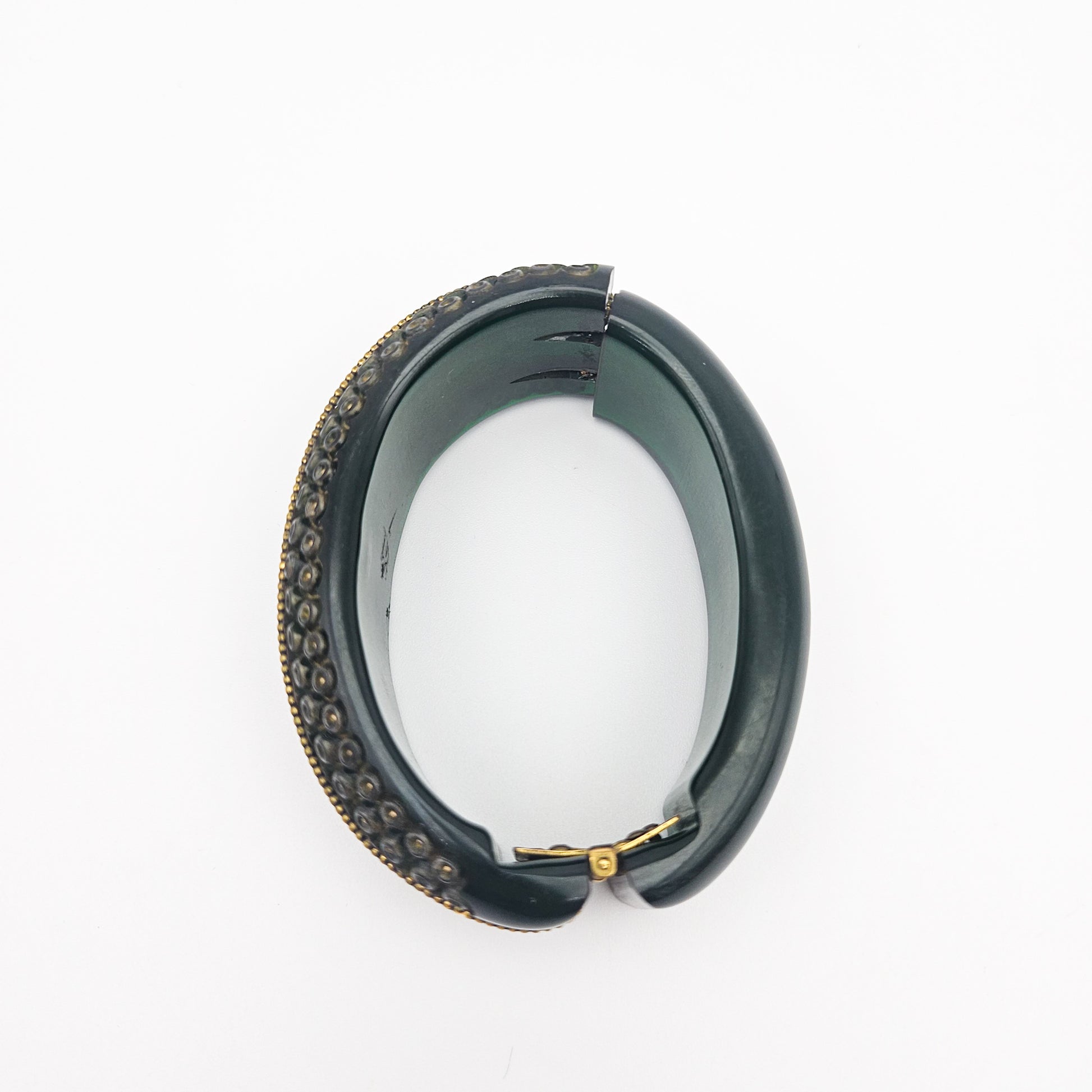 Green & Gold Bakelite Clamper Bangle - bangle bracelet detail