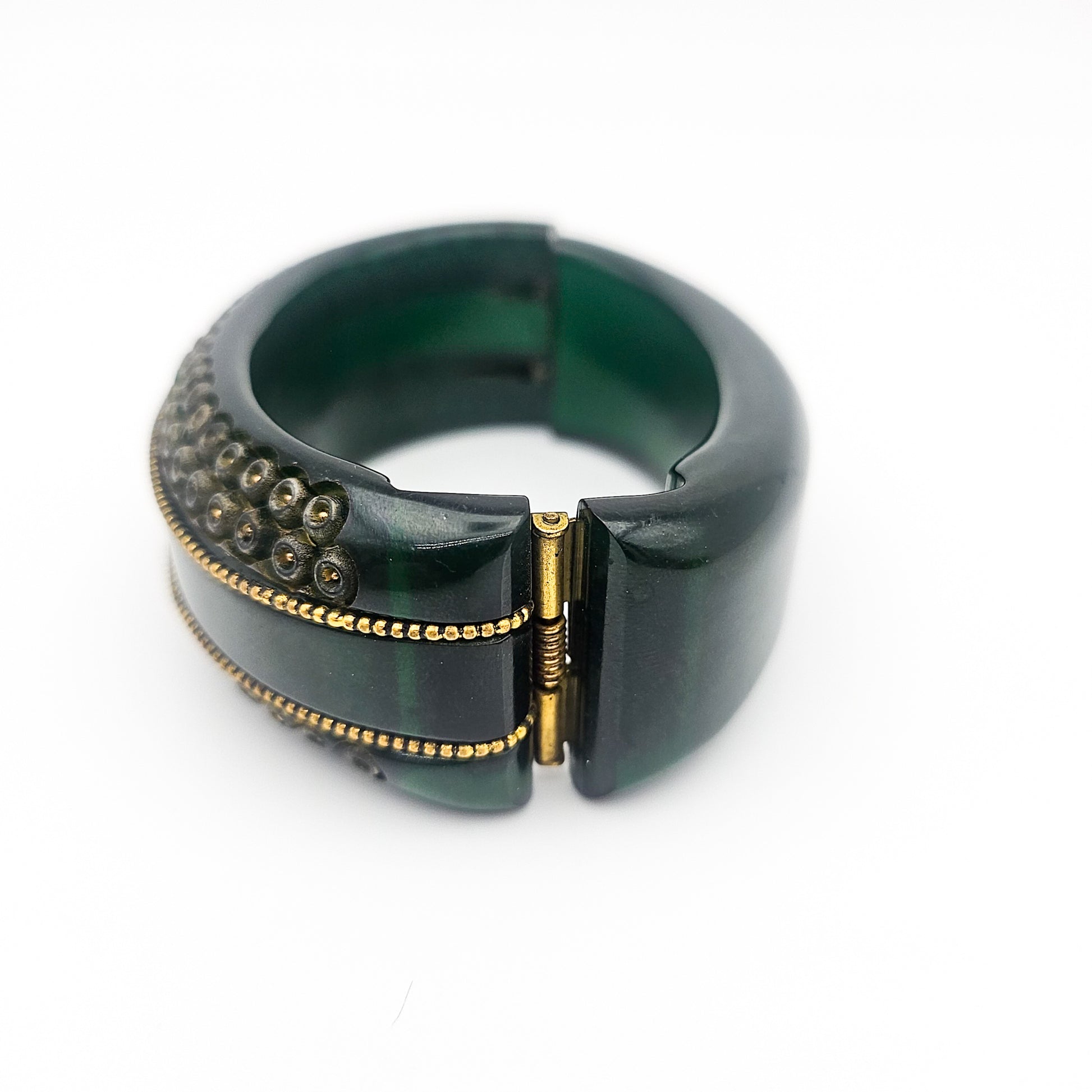 Green & Gold Bakelite Clamper Bangle - bangle bracelet detail