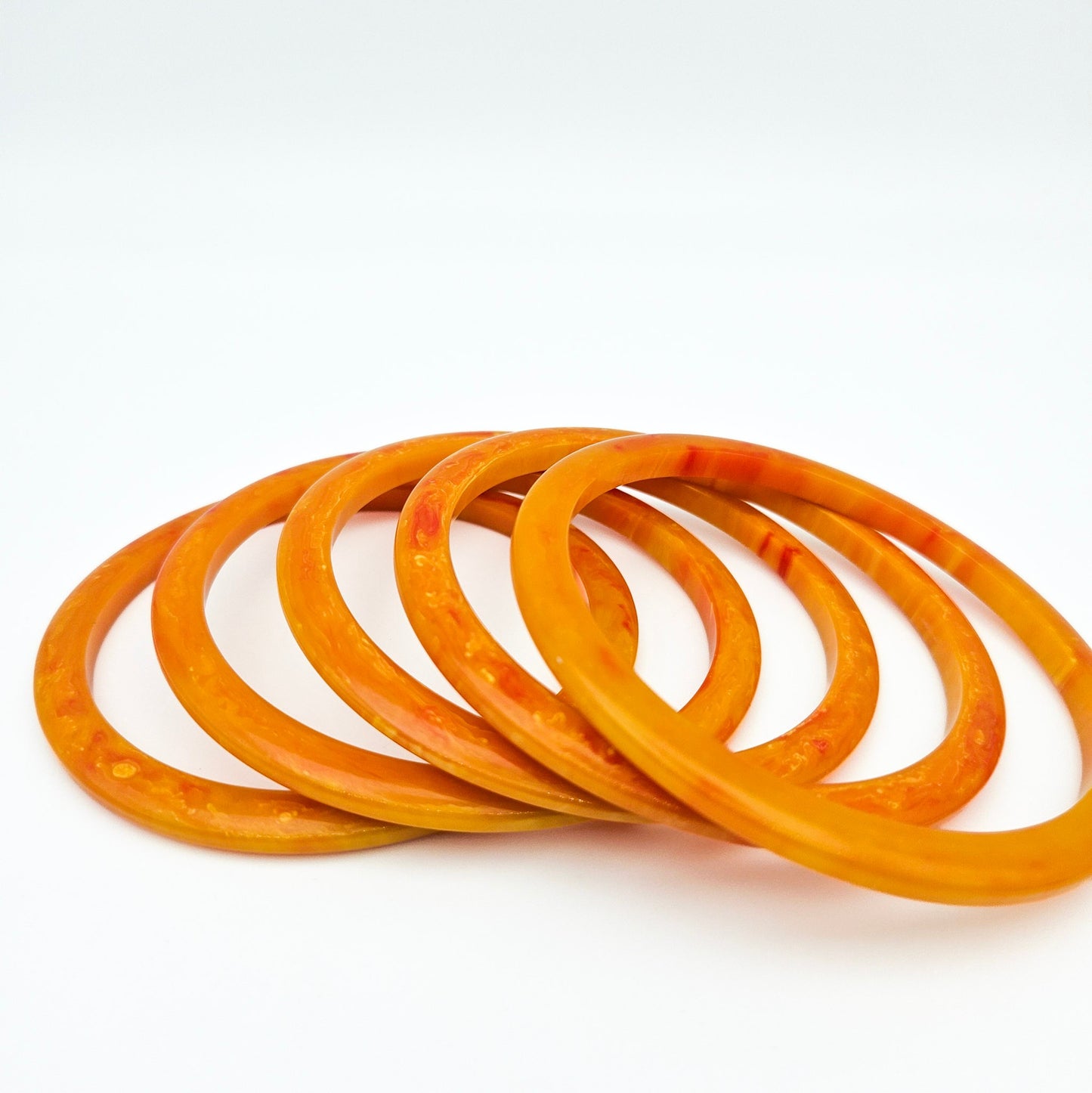 Set of 5 Marbled Orange Bakelite Spacer Bangles | Vintage Stacking Bracelets