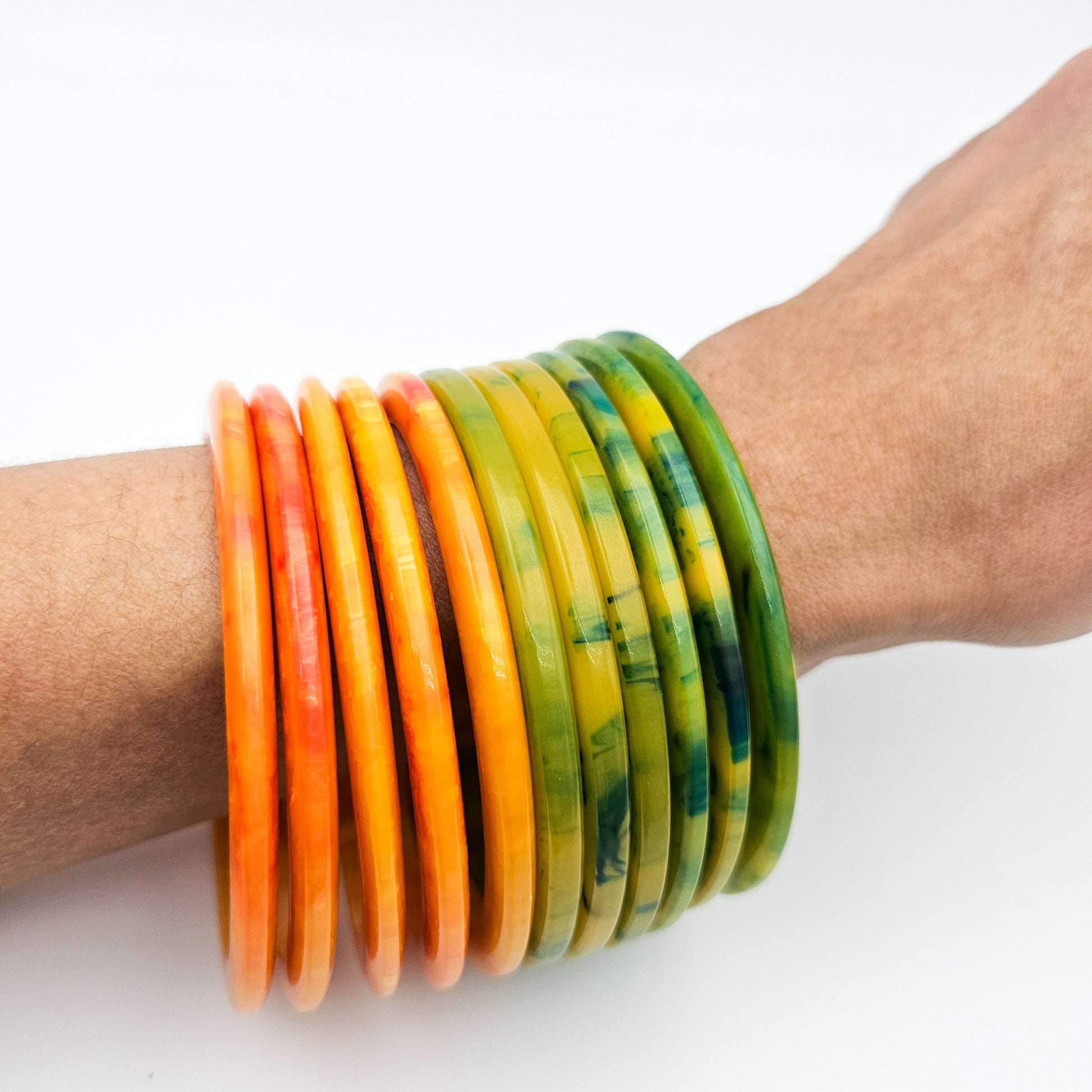 Set of 7 Marbled Spinach Green Bakelite Spacer Bangles | Vintage Stacking Bracelets