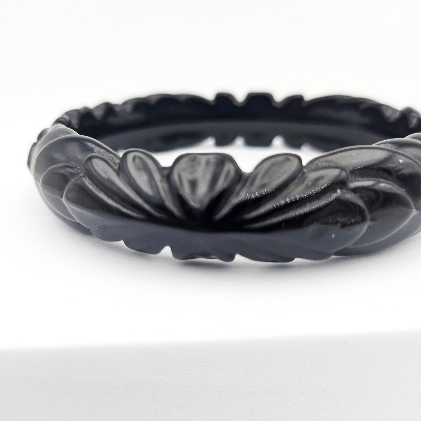 Black Floral Slim Carved Bangle | Vintage Plastic Bracelet