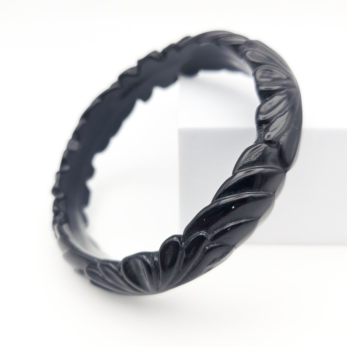 Black Floral Slim Carved Bangle | Vintage Plastic Bracelet