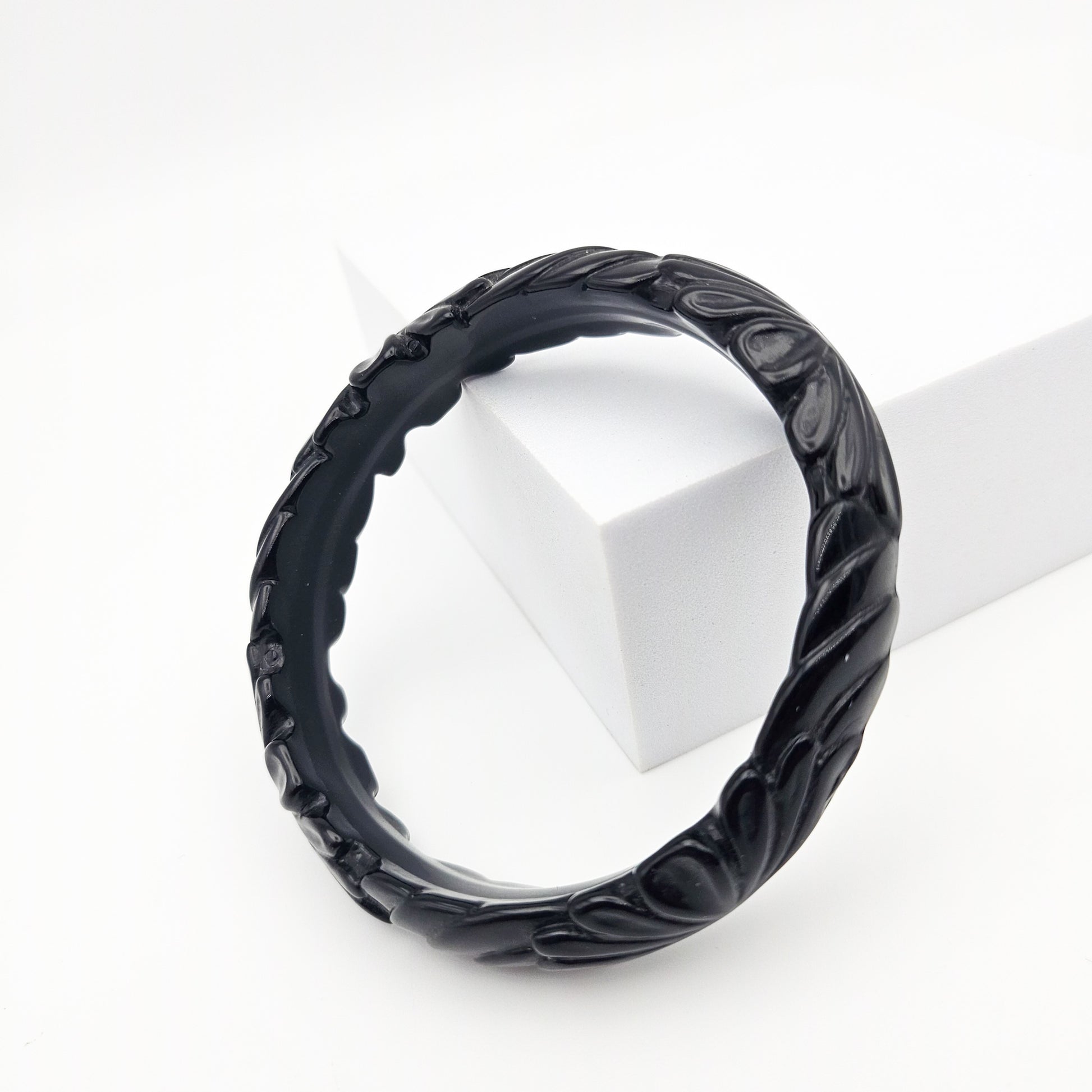 Black Floral Slim Carved Bangle | Vintage Plastic Bracelet