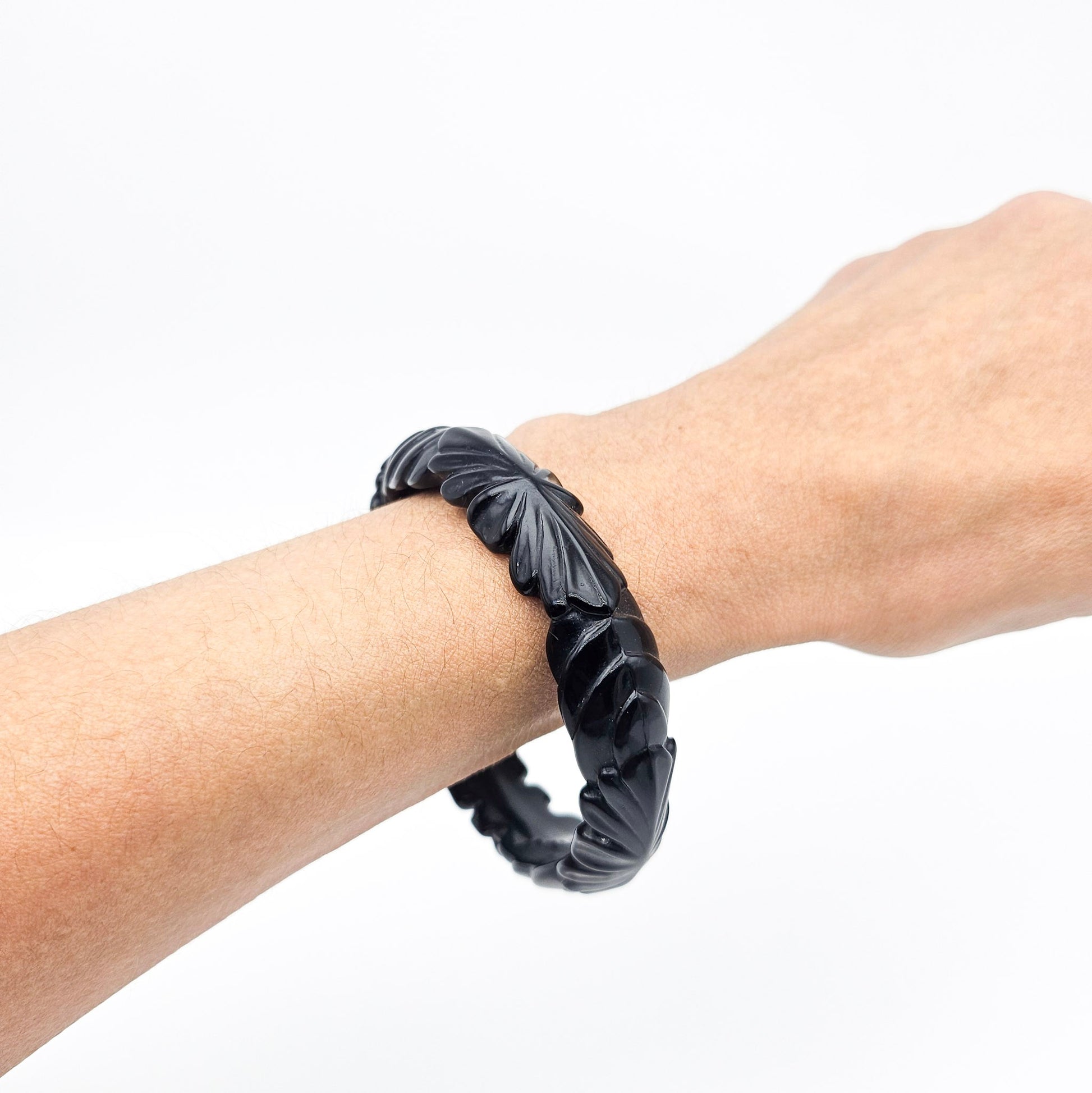 Black Floral Slim Carved Bangle | Vintage Plastic Bracelet