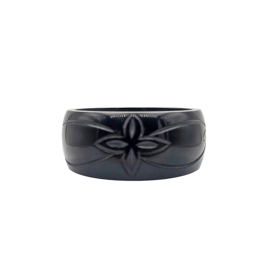 Wide Black Floral Carved Vintage Acrylic Bangle - bangle bracelet detail