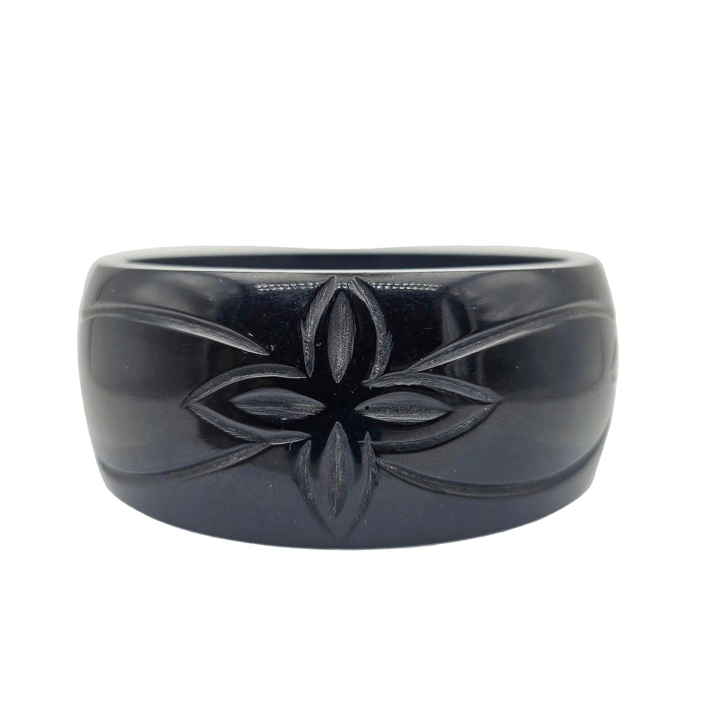 Wide Black Floral Carved Vintage Acrylic Bangle - Mid-Century / Collectible Plastics vintage jewelry