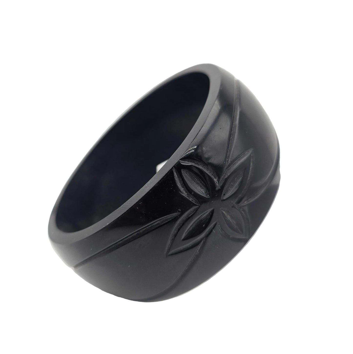 Wide Black Floral Carved Vintage Acrylic Bangle - bangle bracelet detail