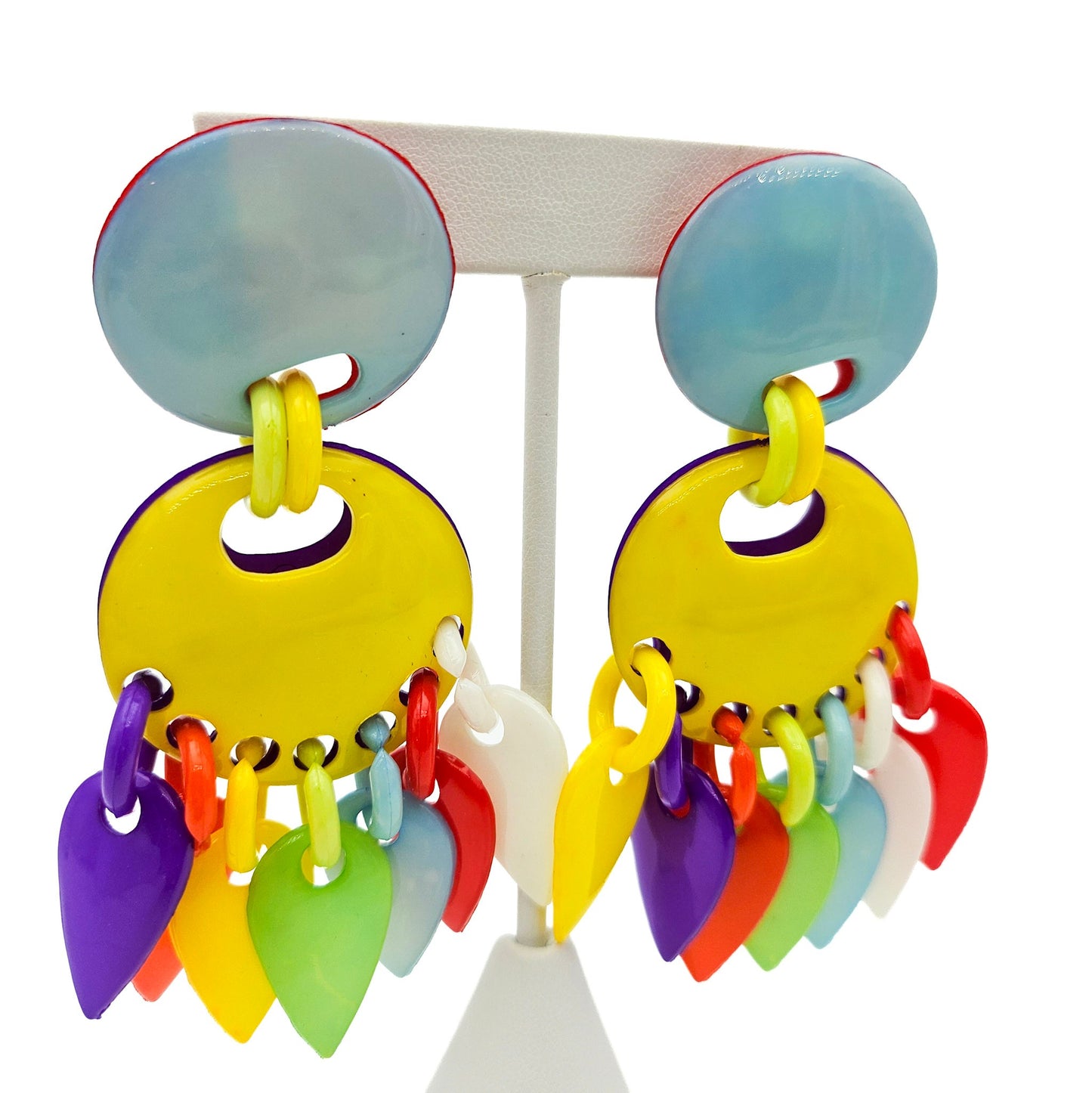 Huge Colorful 1980s Dangle Earrings - earrings detail