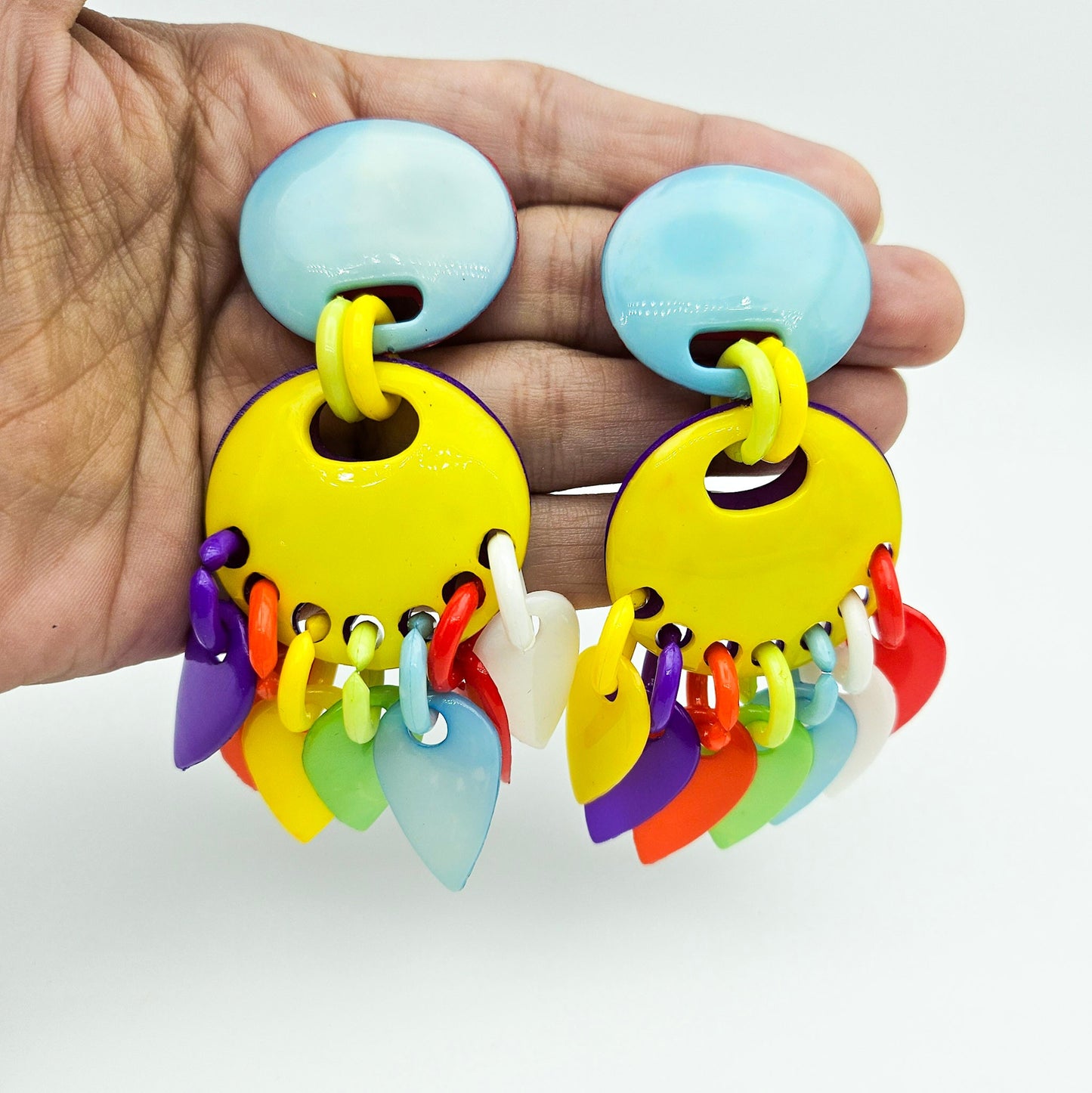 Huge Colorful 1980s Dangle Earrings - earrings detail