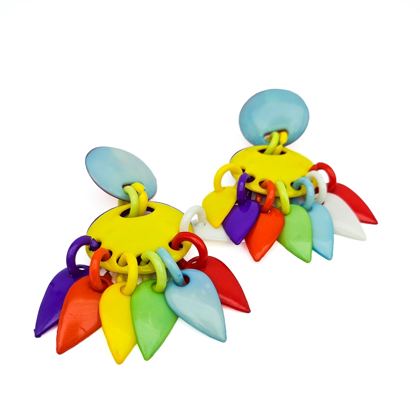 Huge Colorful 1980s Dangle Earrings - earrings detail