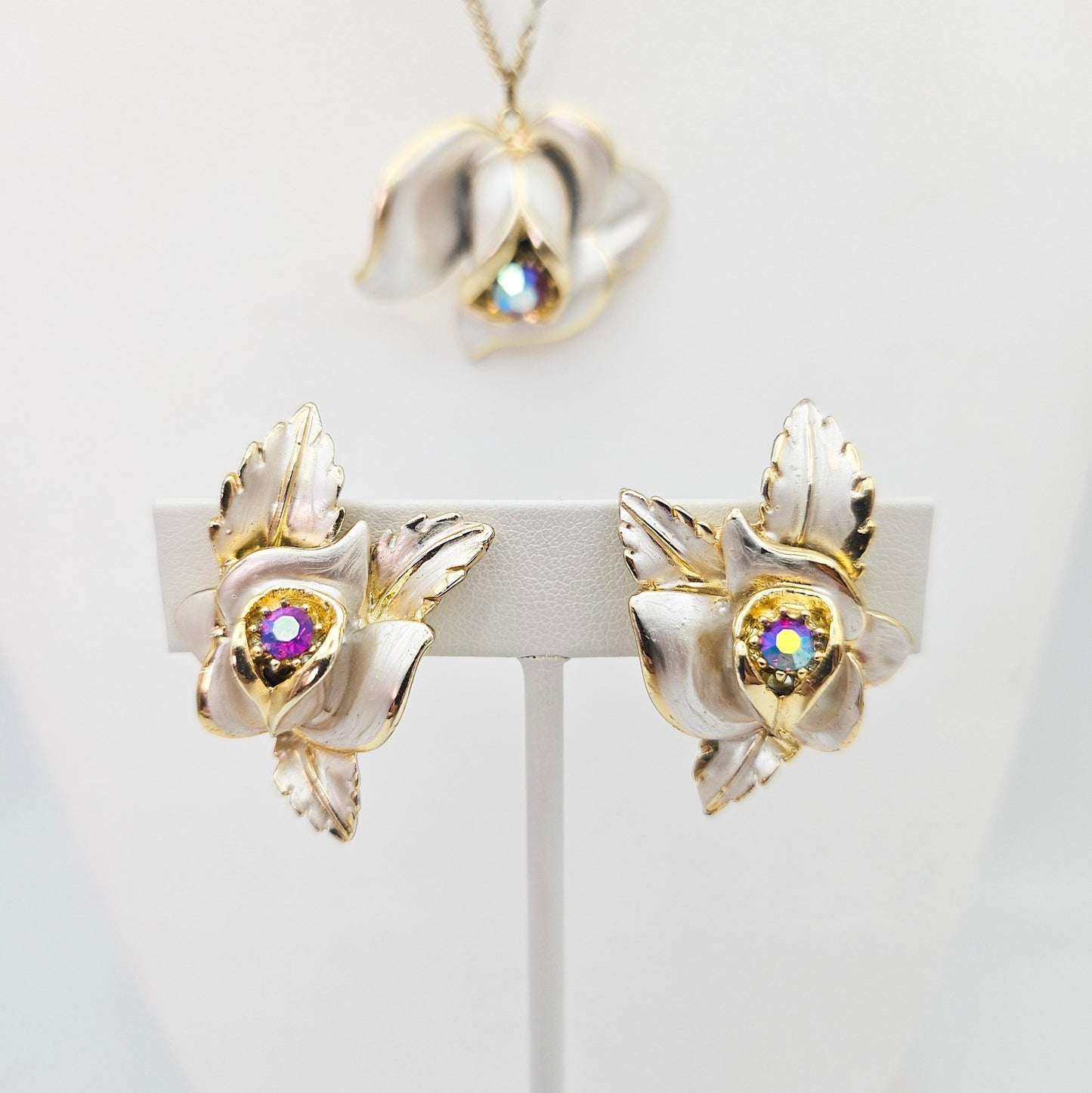 Signed Florenza Floral Necklace & Earrings Set - jewelry set detail