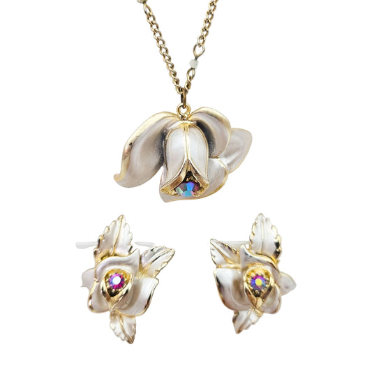 Signed Florenza Floral Necklace & Earrings Set - Mid-Century / Vintage Costume vintage jewelry