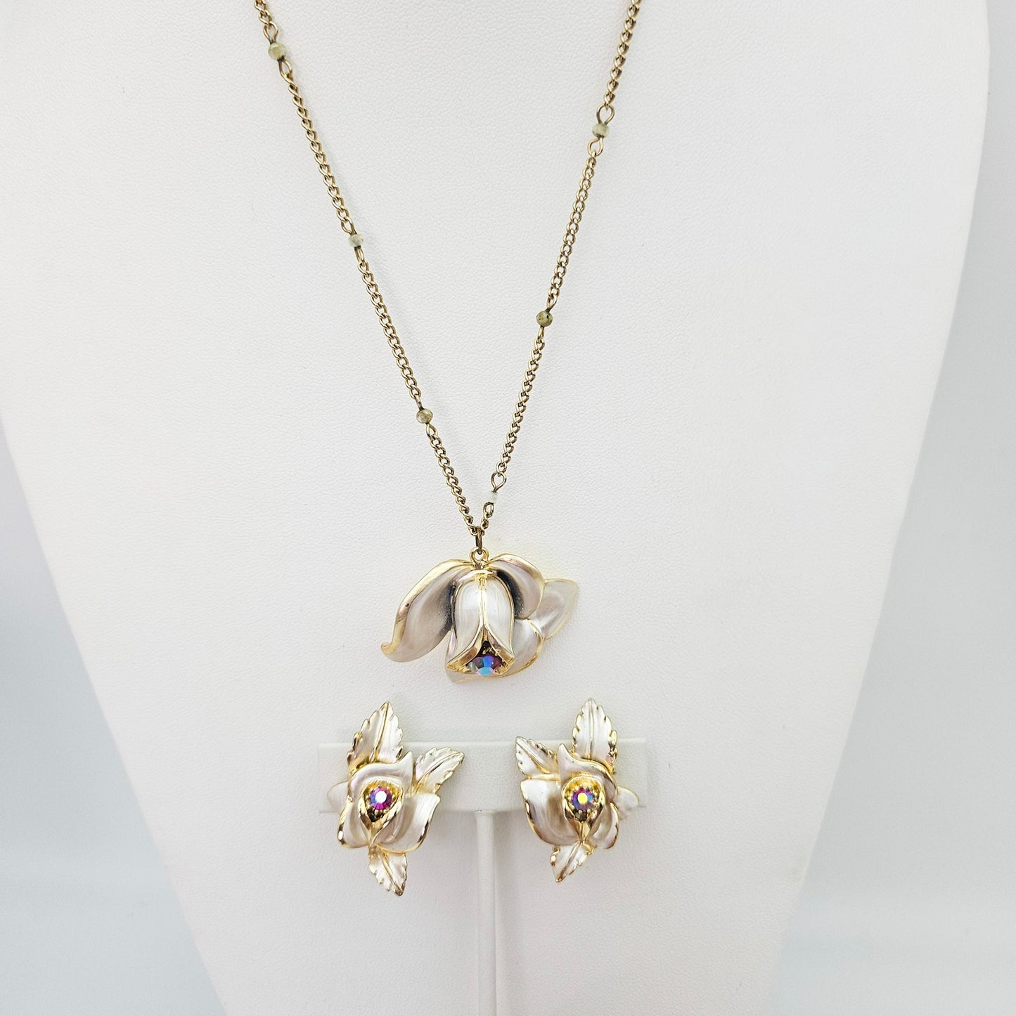 Signed Florenza Floral Necklace & Earrings Set - jewelry set detail