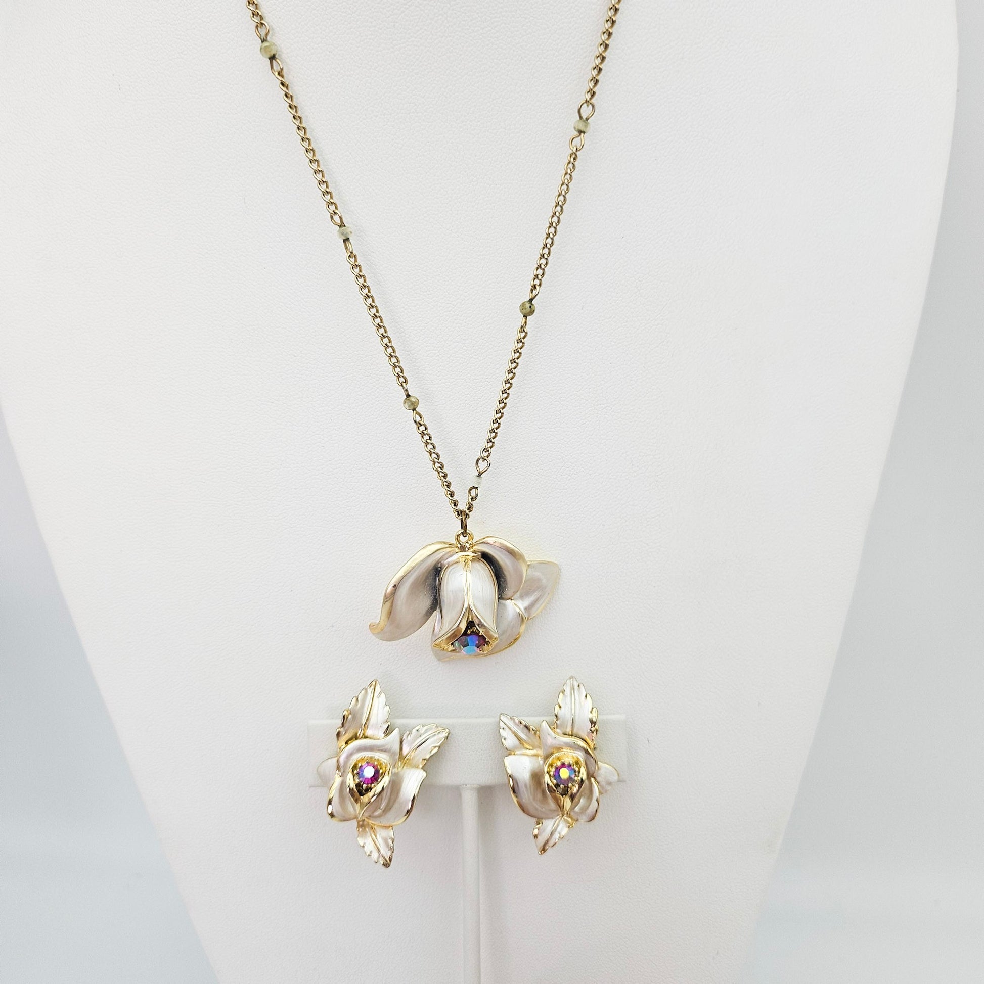 Signed Florenza Floral Necklace & Earrings Set - jewelry set detail