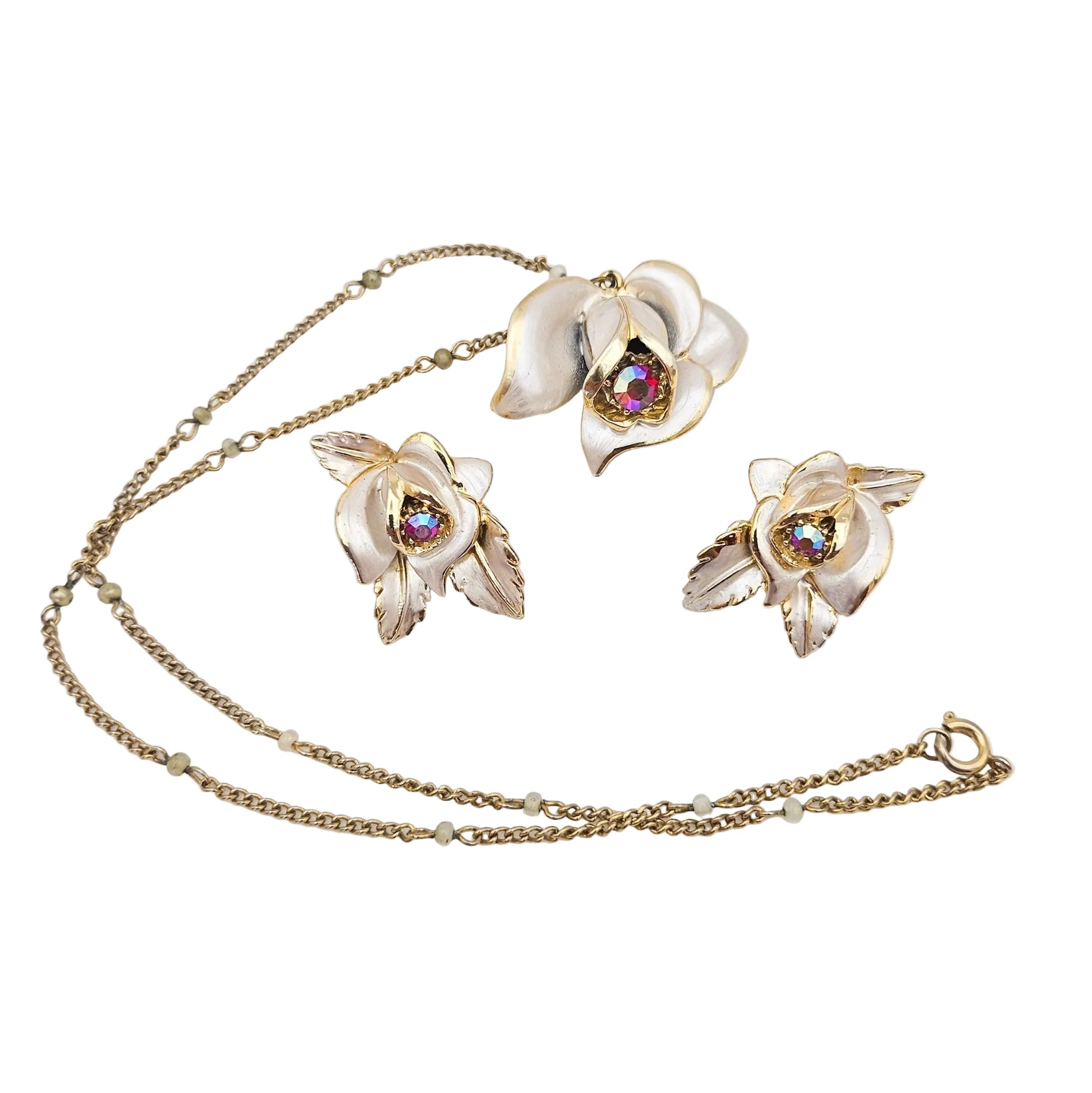 Signed Florenza Floral Necklace & Earrings Set - jewelry set detail