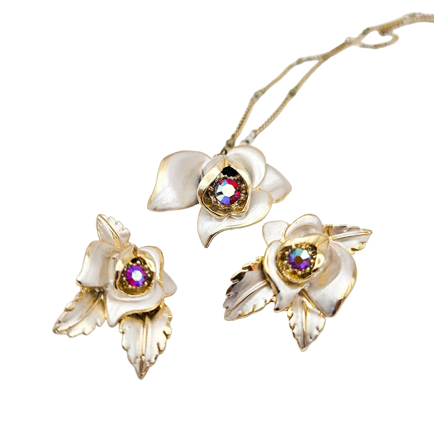 Signed Florenza Floral Necklace & Earrings Set - jewelry set detail