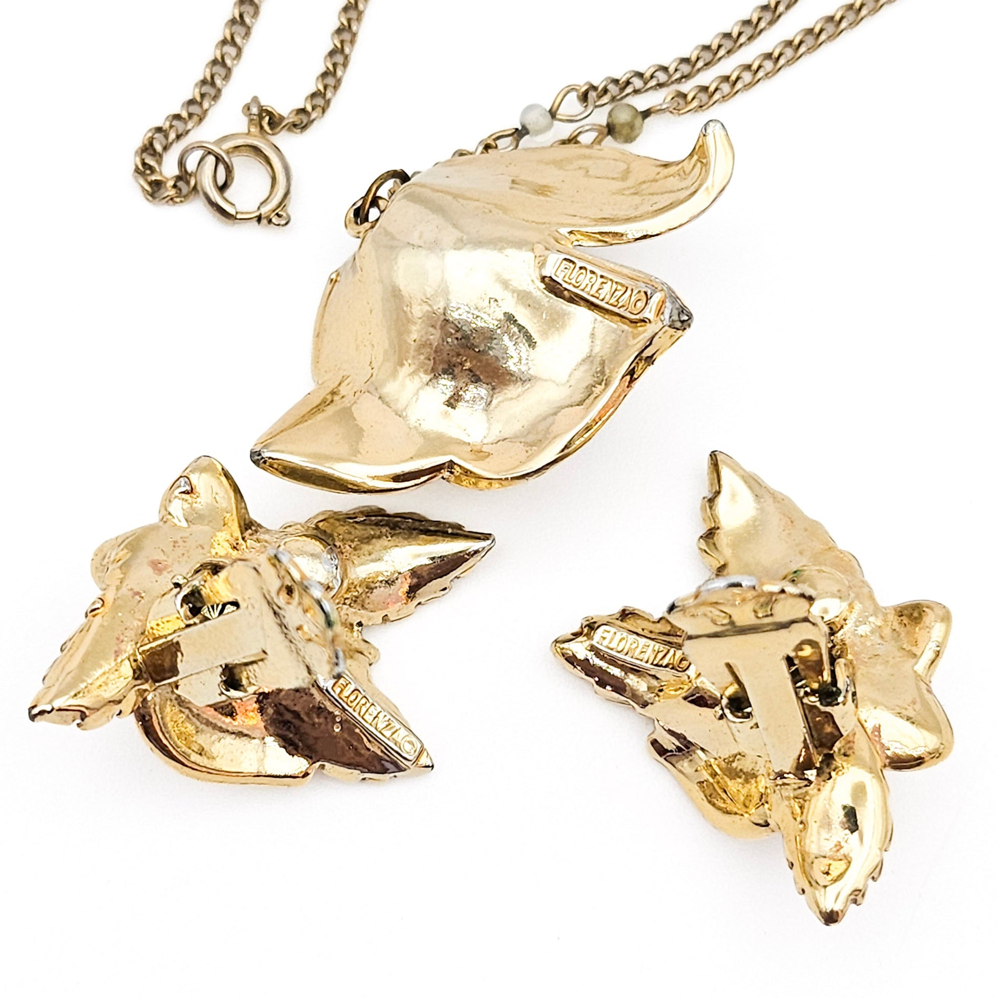 Signed Florenza Floral Necklace & Earrings Set - jewelry set detail