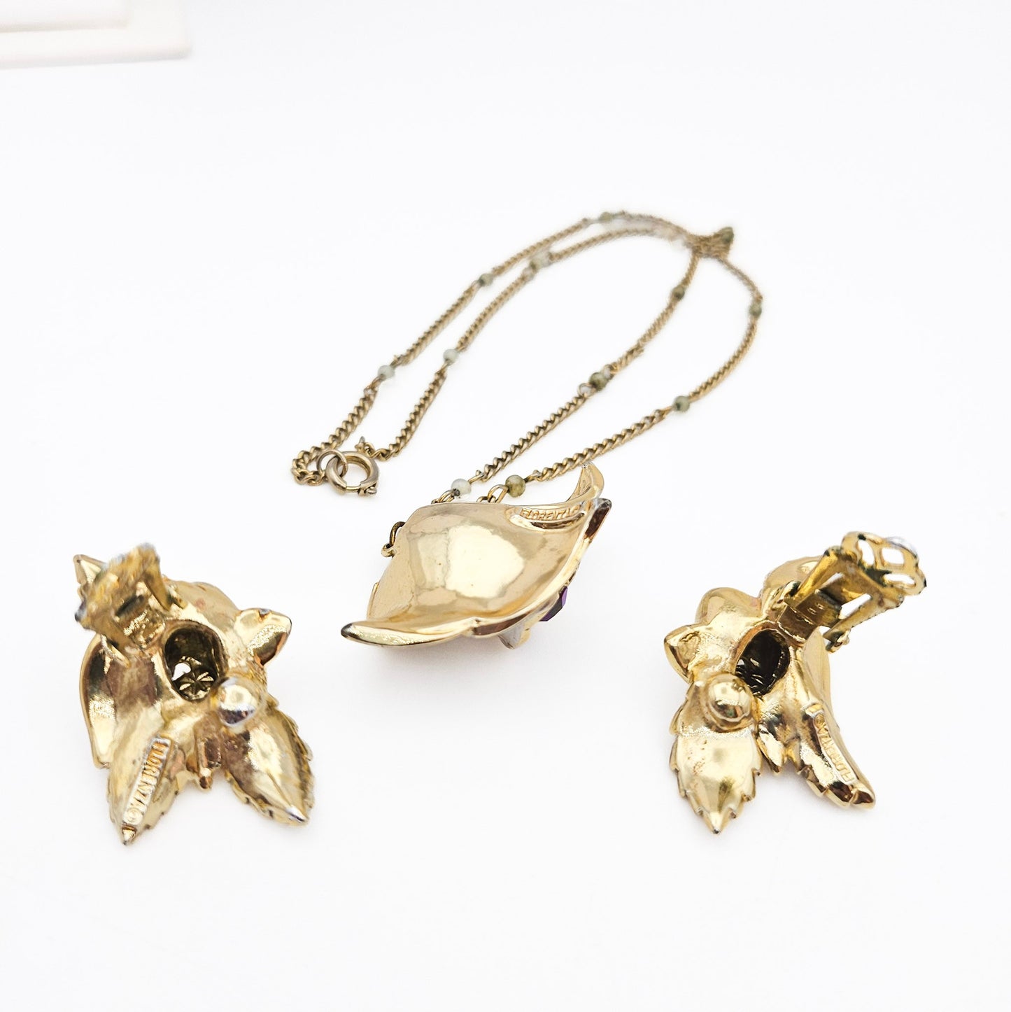 Signed Florenza Floral Necklace & Earrings Set - jewelry set detail