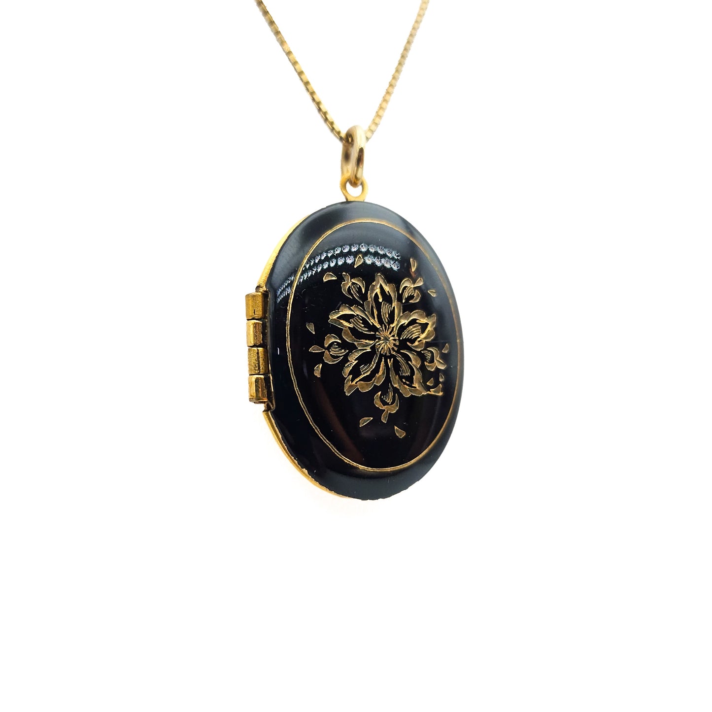 Black Enamel 14k Gold-Filled Floral Locket Necklace | Victorian Revival Jewelry