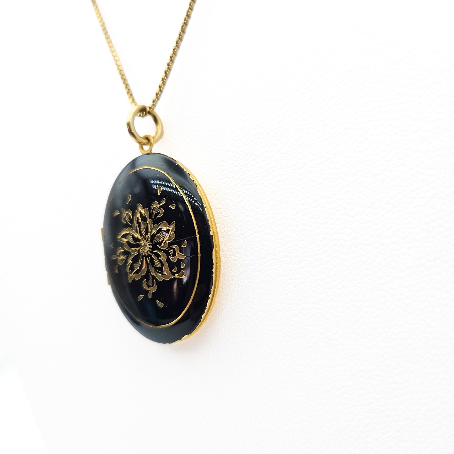 Black Enamel 14k Gold-Filled Floral Locket Necklace | Victorian Revival Jewelry