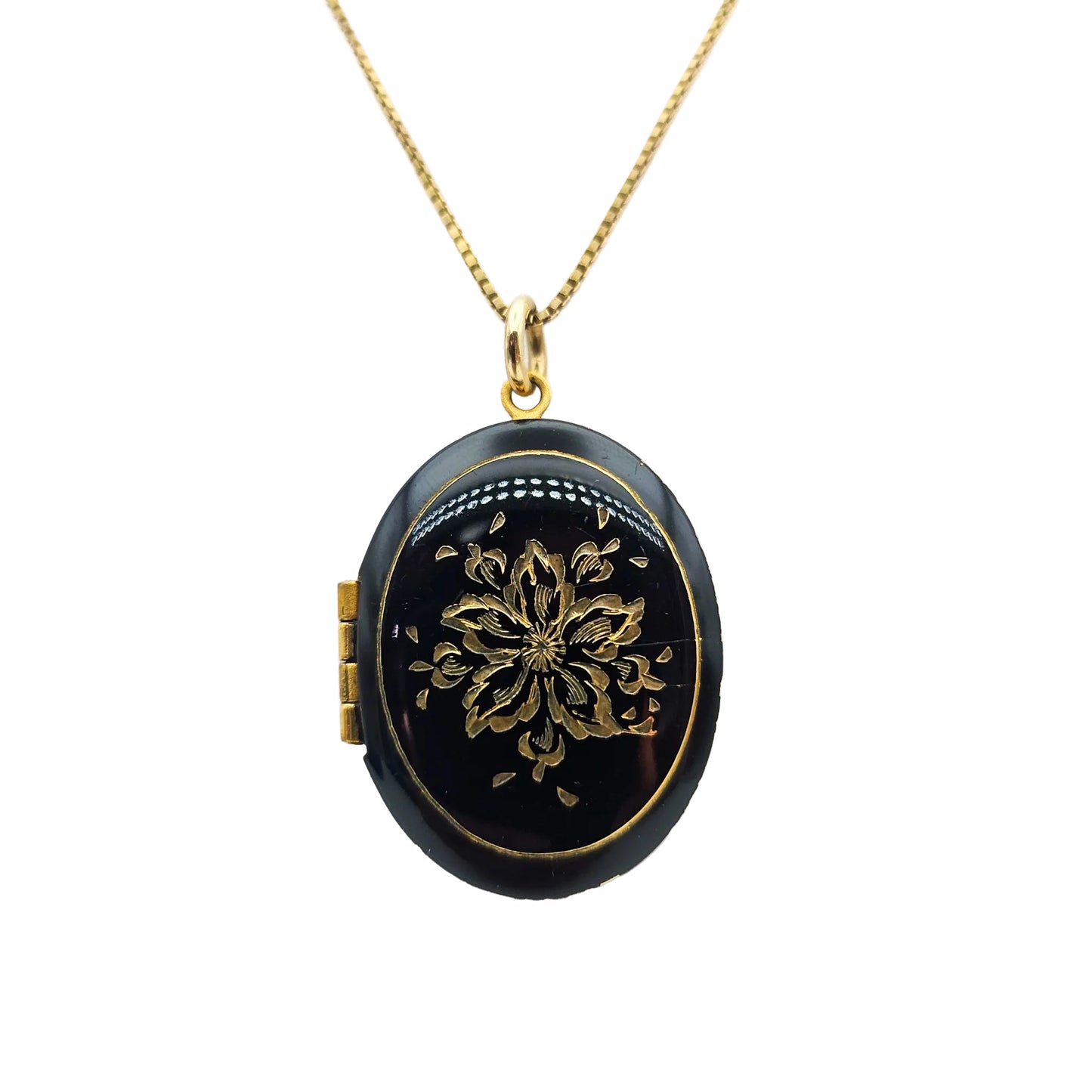 Black Enamel 14k Gold-Filled Floral Locket Necklace | Victorian Revival Jewelry