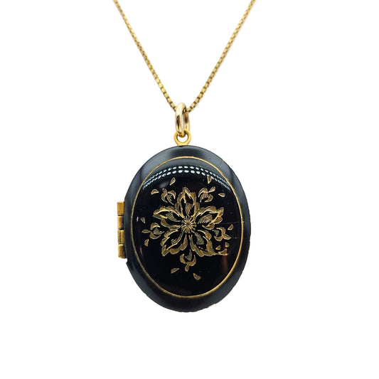 Black Enamel 14k Gold-Filled Floral Locket Necklace | Victorian Revival Jewelry