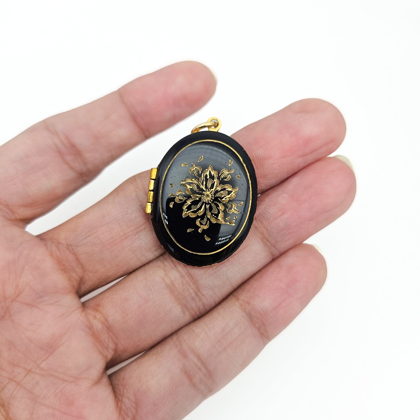 Black Enamel 14k Gold-Filled Floral Locket Necklace | Victorian Revival Jewelry