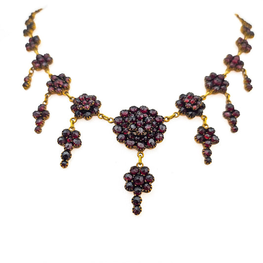 Antique Bohemian Garnet Fringe Necklace | Rose-Cut Garnet Bib Jewelry