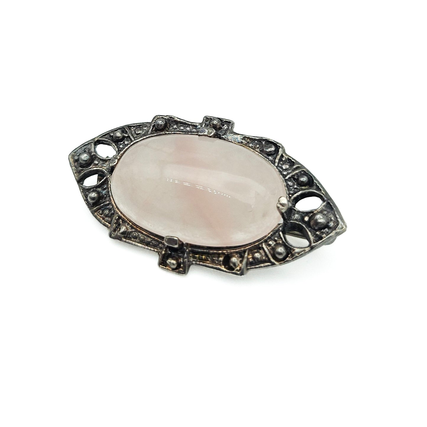 Sterling Silver Pink Quartz Brooch | Art Deco Era Vintage Pin