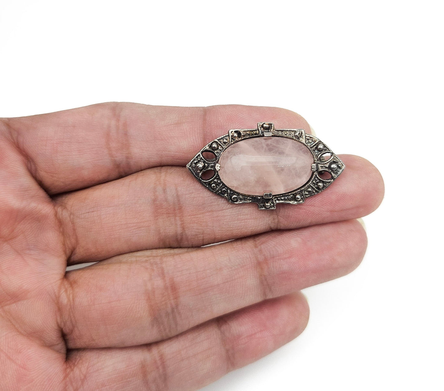 Sterling Silver Pink Quartz Brooch | Art Deco Era Vintage Pin