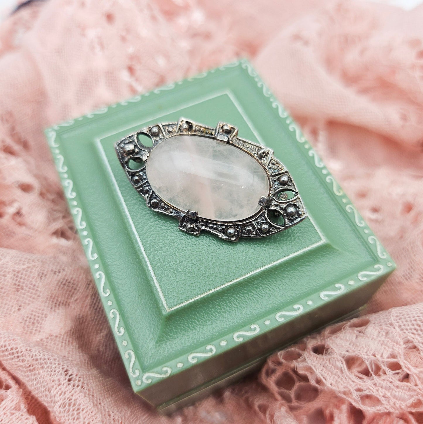Sterling Silver Pink Quartz Brooch | Art Deco Era Vintage Pin