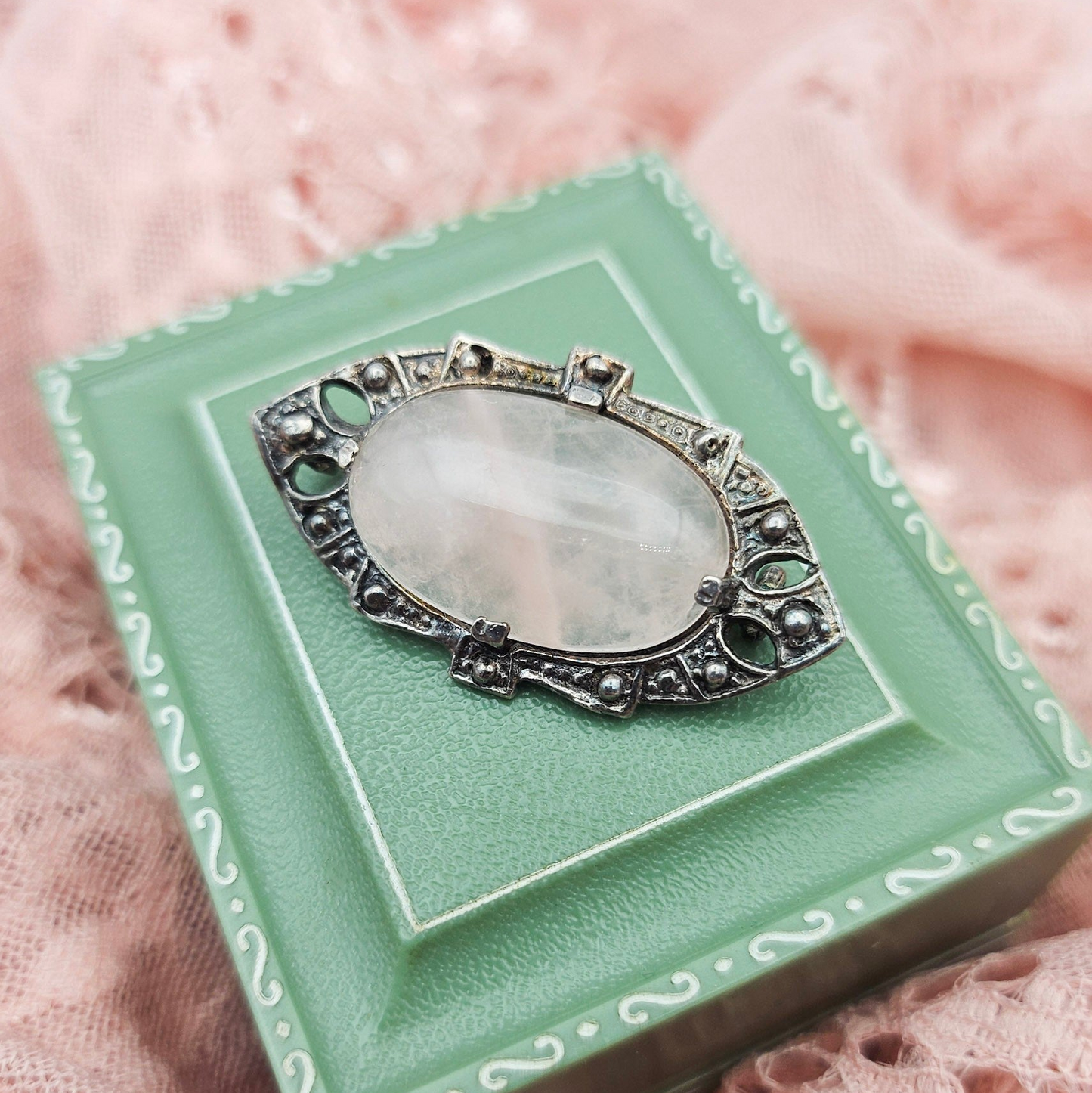 Sterling Silver Pink Quartz Brooch | Art Deco Era Vintage Pin