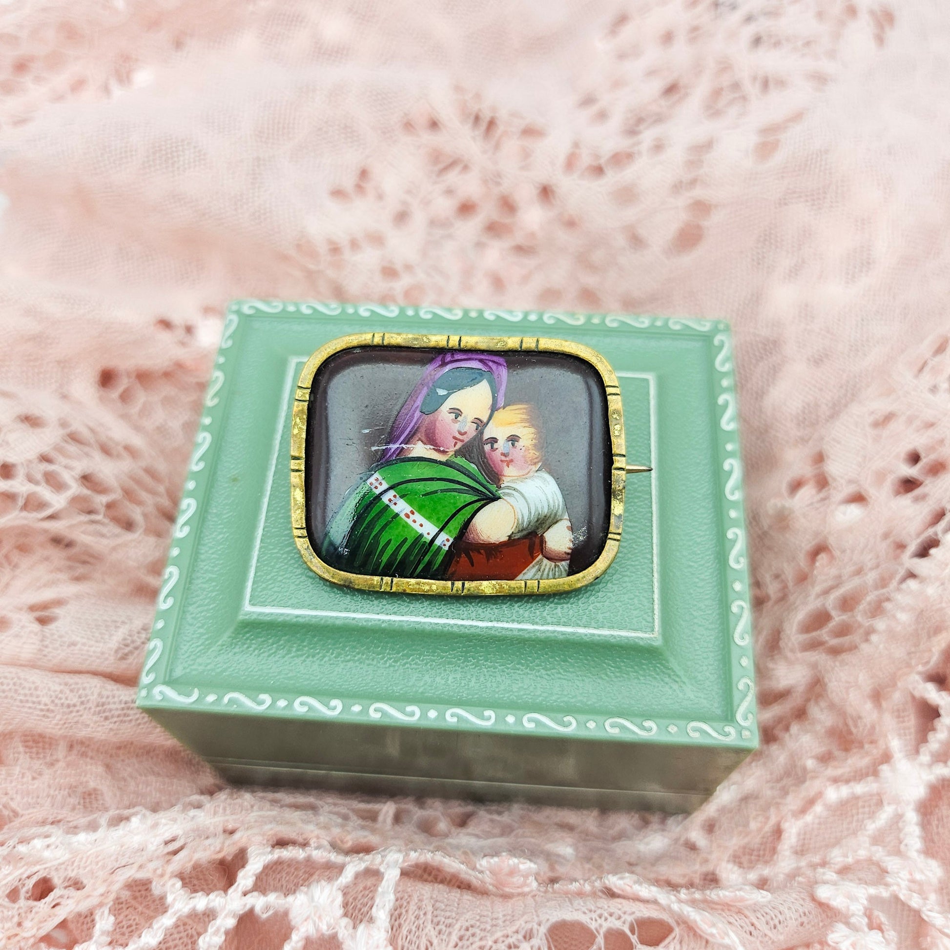 Victorian Hand-Painted Madonna & Child Brooch - brooch detail