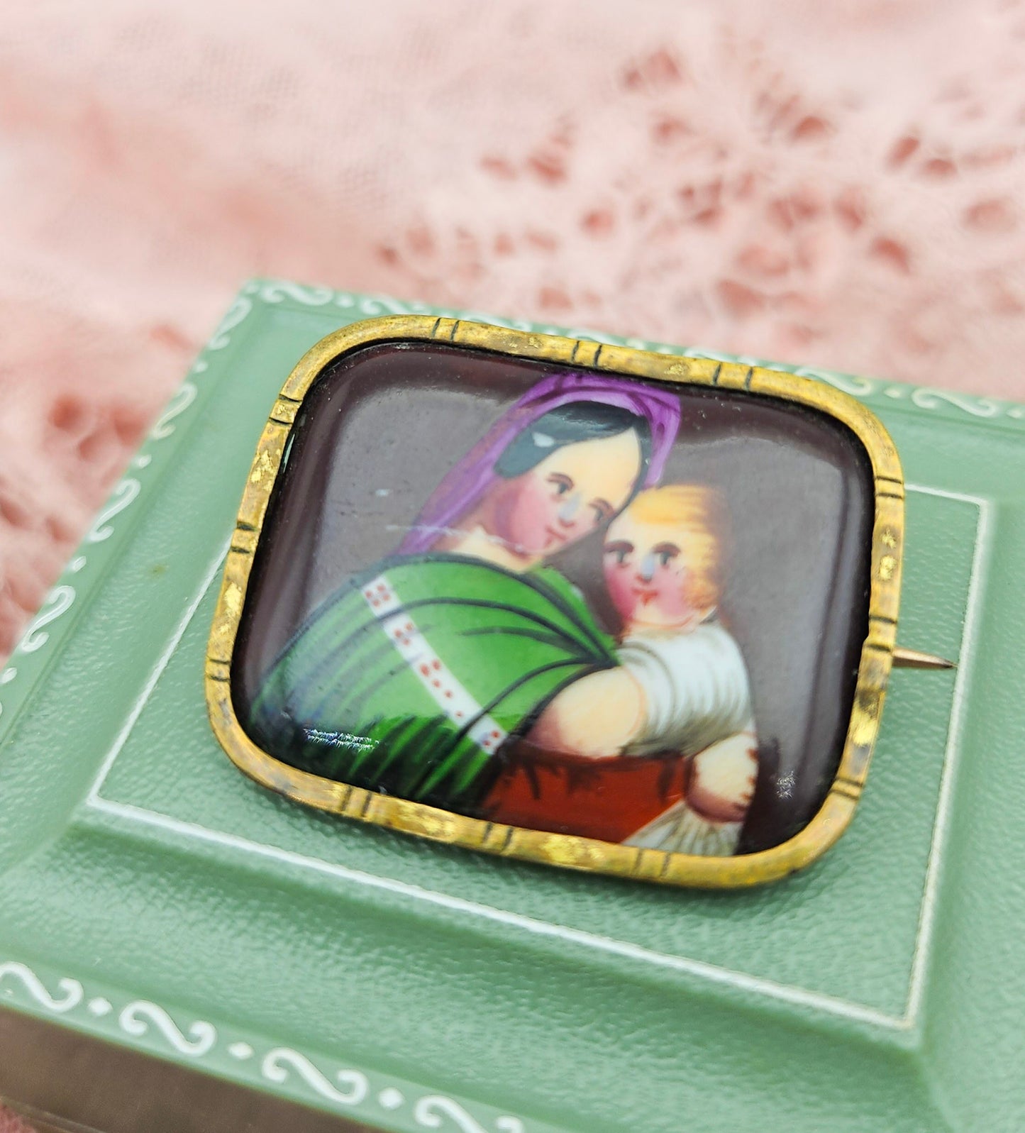 Victorian Hand-Painted Madonna & Child Brooch - brooch detail