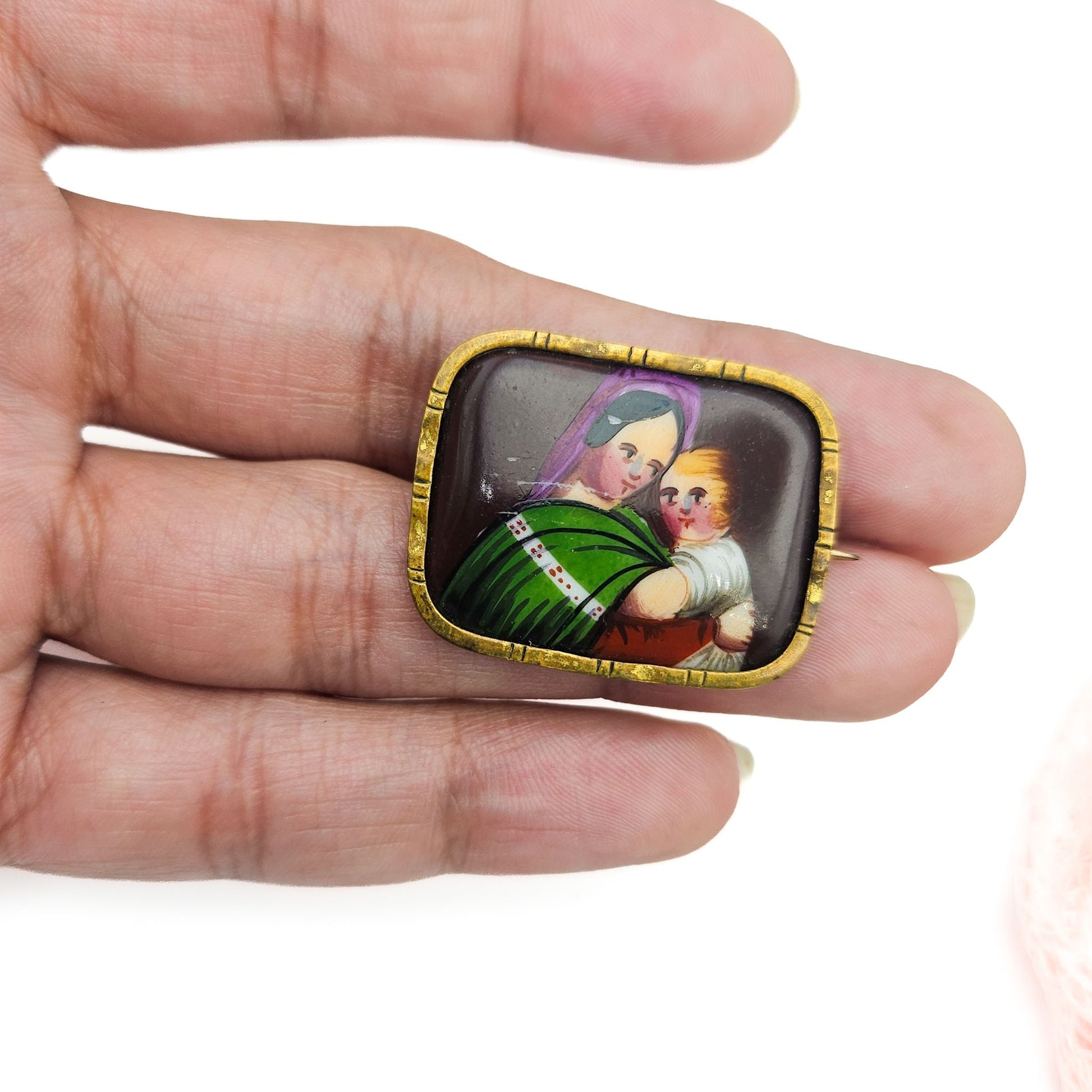 Victorian Hand-Painted Madonna & Child Brooch - brooch detail