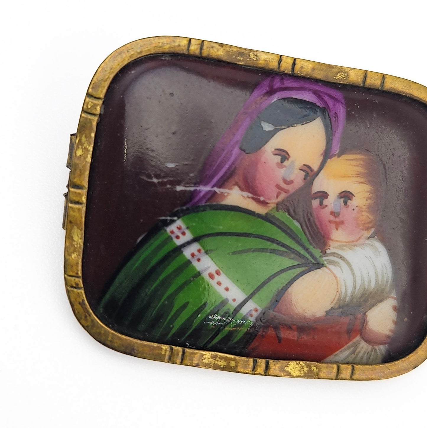 Victorian Hand-Painted Madonna & Child Brooch - brooch detail