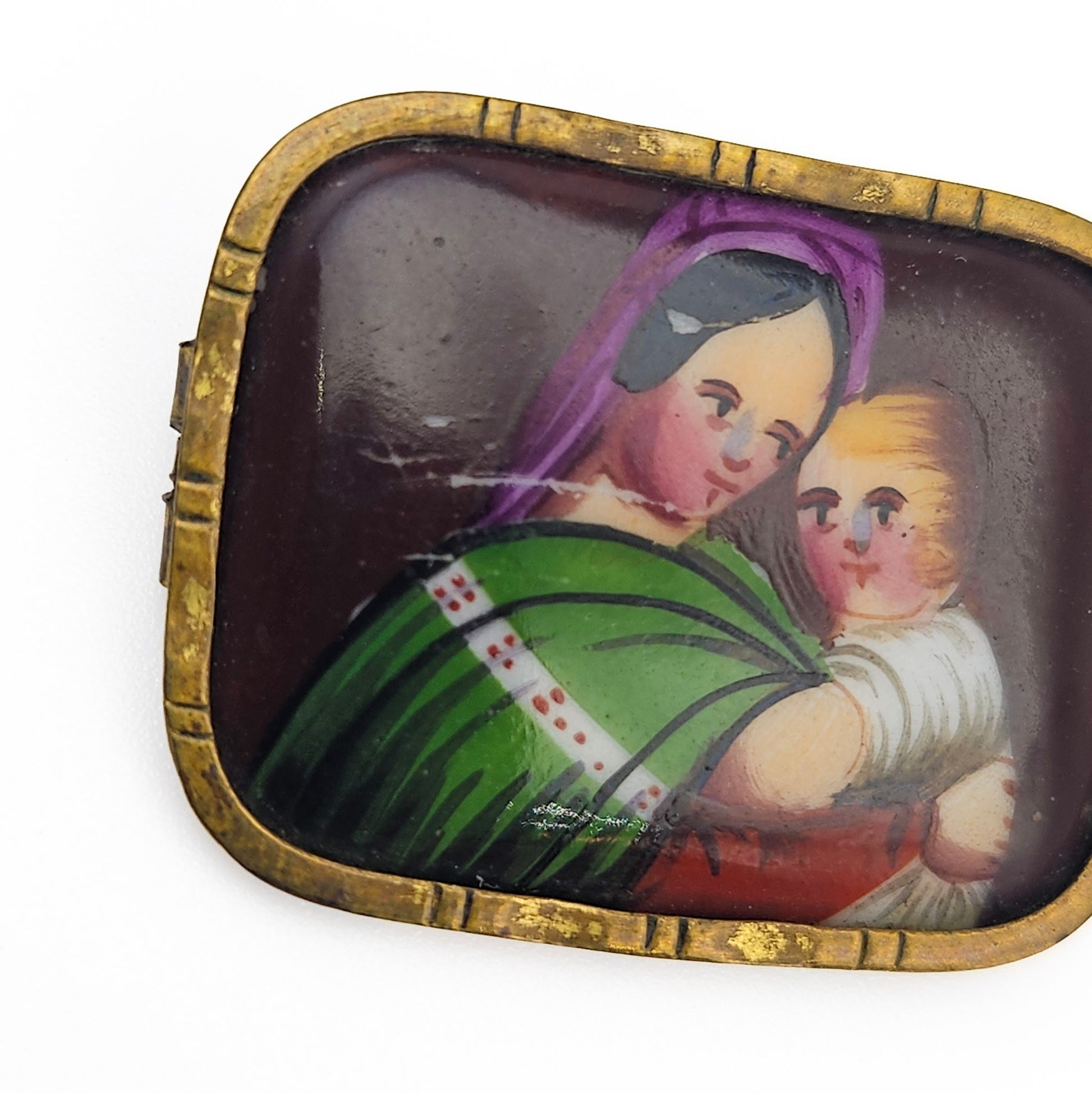 Victorian Hand-Painted Madonna & Child Brooch - brooch detail