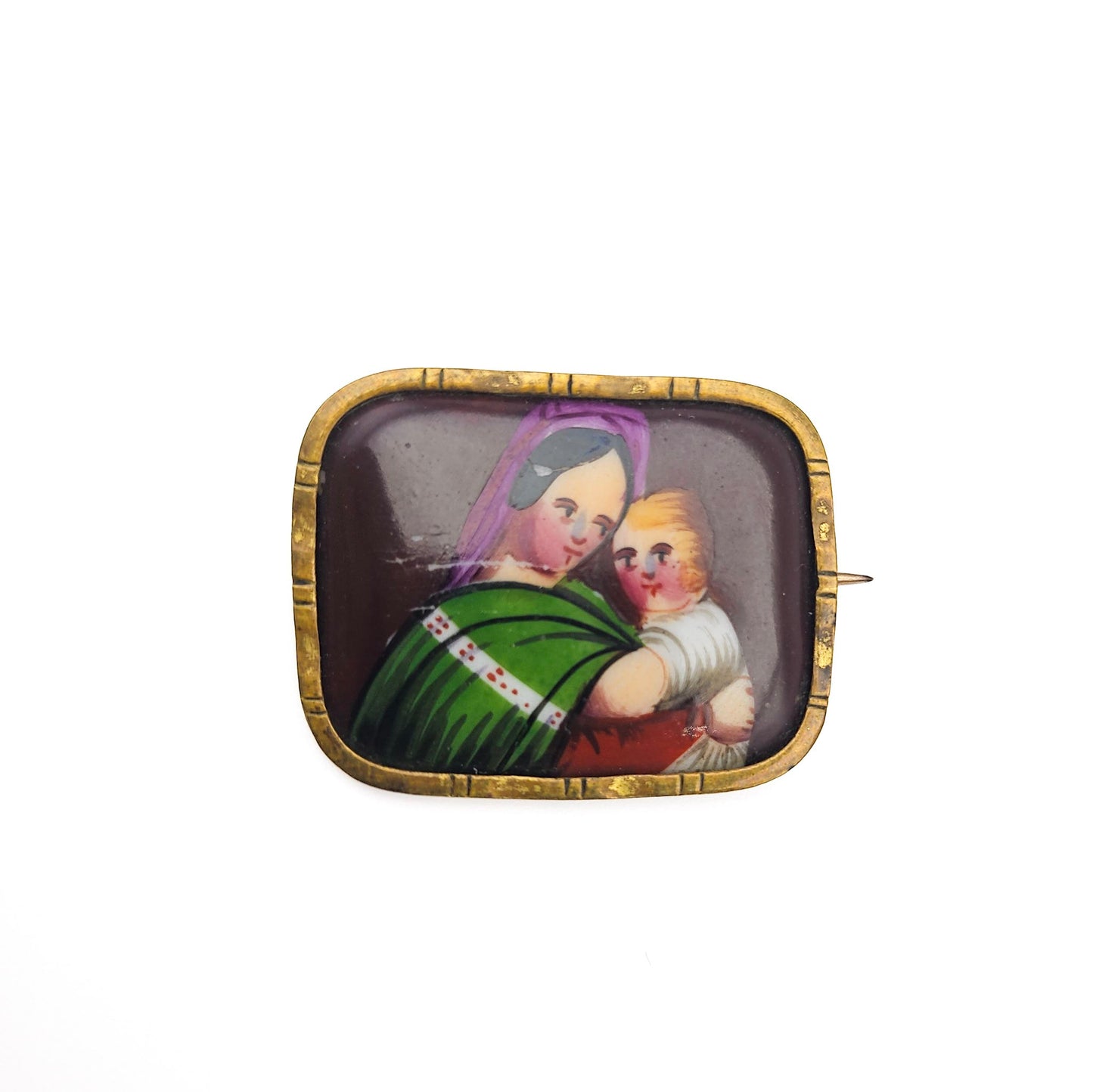 Victorian Hand-Painted Madonna & Child Brooch - brooch detail