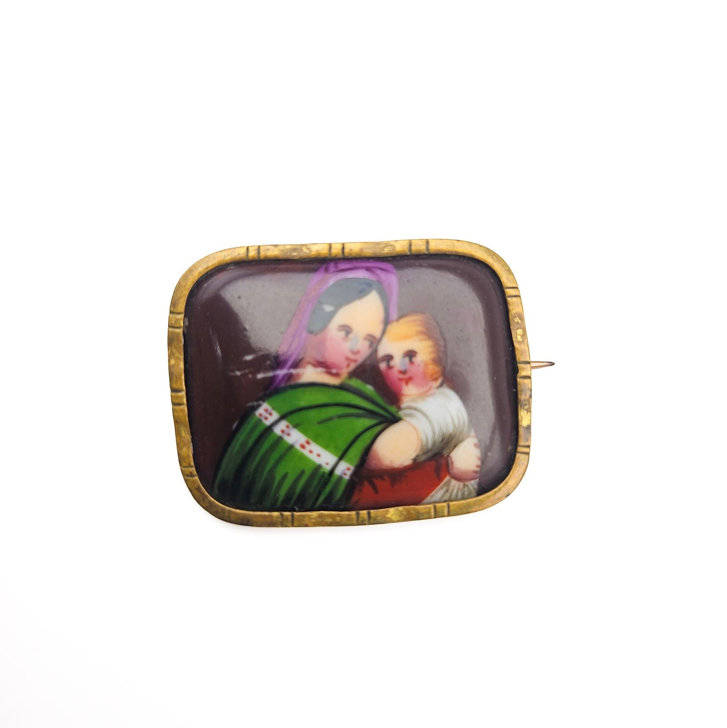 Victorian Hand-Painted Madonna & Child Brooch - brooch detail