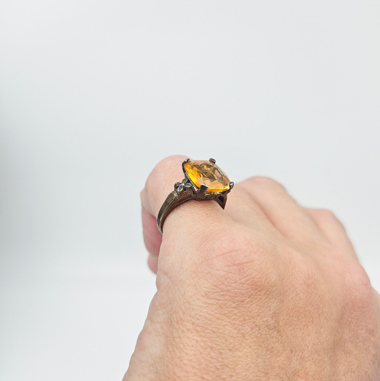 Sterling Silver Citrine Statement Ring | Art Deco Revival Estate Jewelry