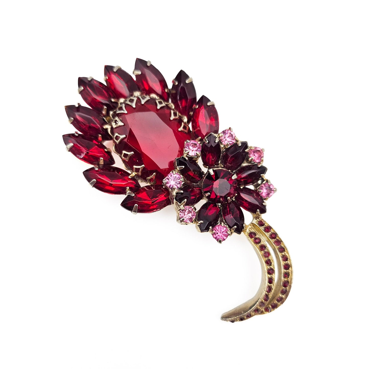 Large Red Rhinestone Brooch | Mid-Century Old Hollywood Statement Pin