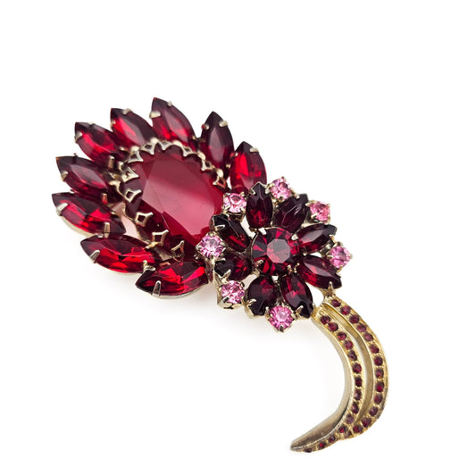 Large Red Rhinestone Brooch | Mid-Century Old Hollywood Statement Pin