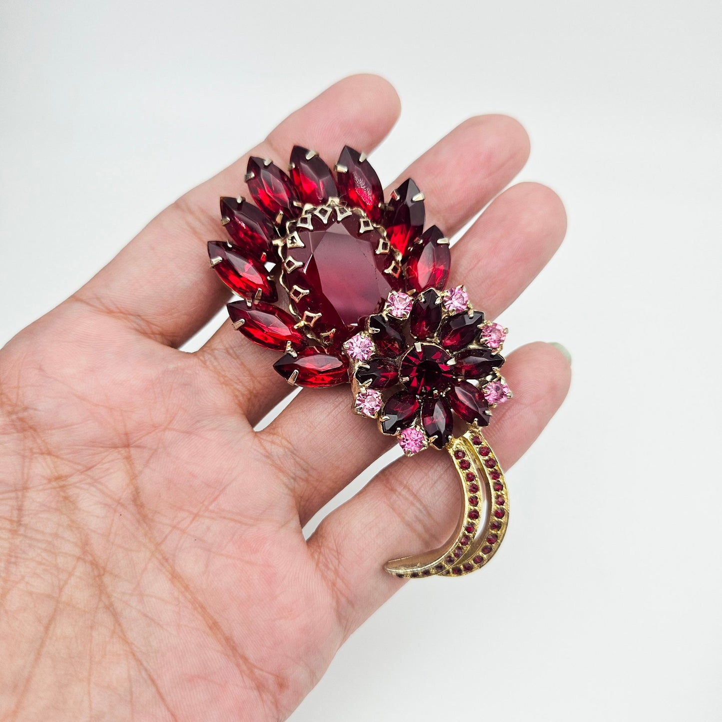 Large Red Rhinestone Brooch | Mid-Century Old Hollywood Statement Pin
