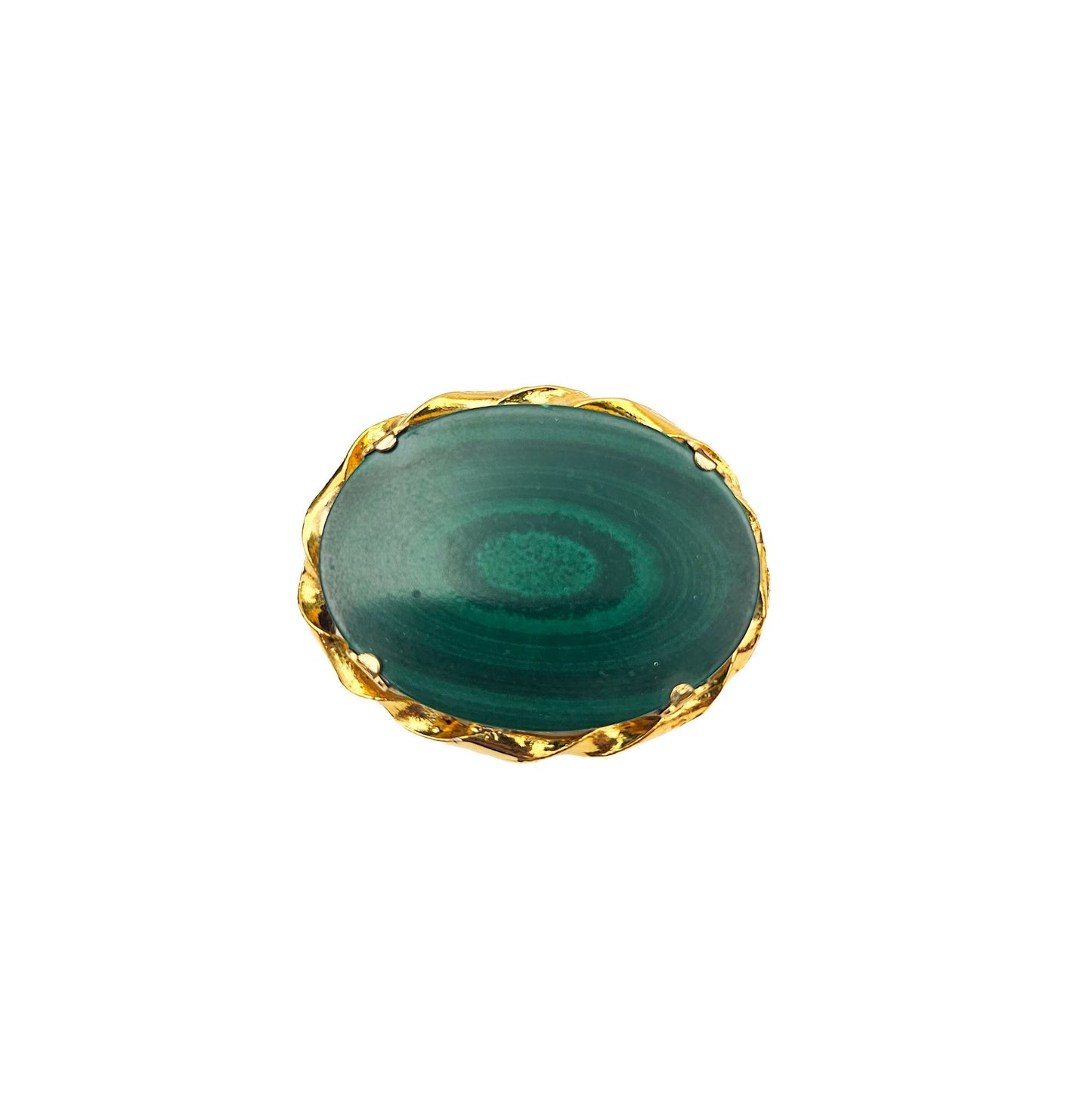 Large Oval Malachite Stone Brooch | Vintage Gold-Tone Estate Pin