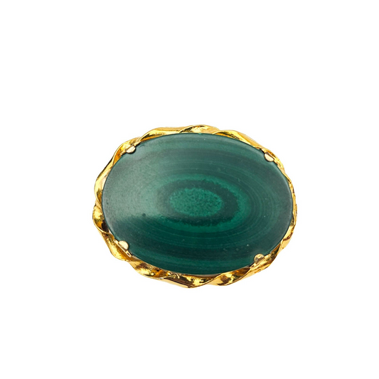 Large Oval Malachite Stone Brooch | Vintage Gold-Tone Estate Pin