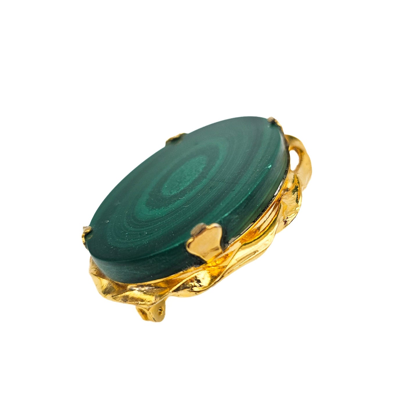 Large Oval Malachite Stone Brooch | Vintage Gold-Tone Estate Pin