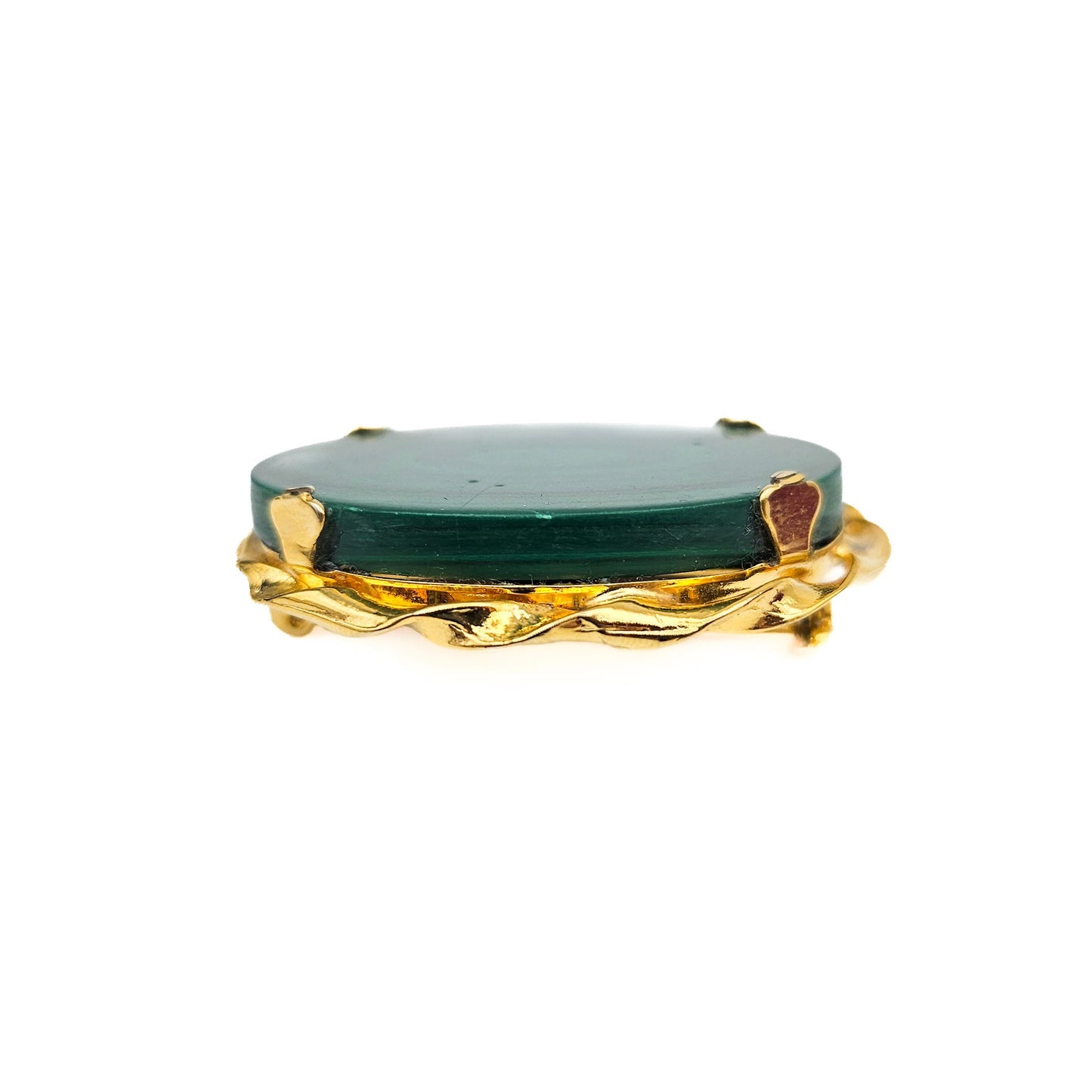 Large Oval Malachite Stone Brooch | Vintage Gold-Tone Estate Pin