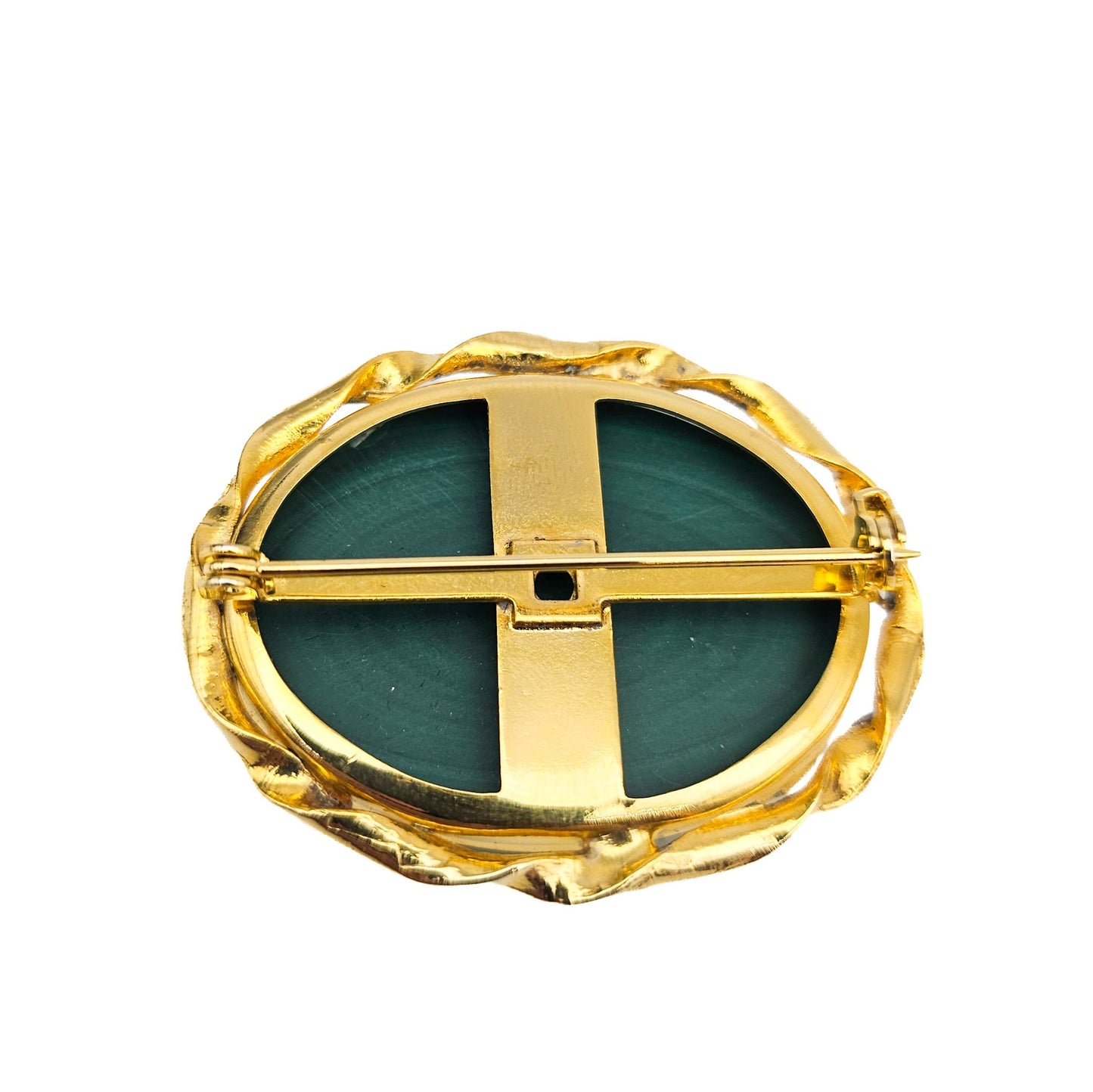 Large Oval Malachite Stone Brooch | Vintage Gold-Tone Estate Pin